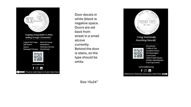 A sign permit concept sheet showing two black-background door decal mockups for Phoenix Cafe and the adjacent Riseilence wellness business, with explanatory notes about white lettering and door placement. The page also notes the sign size as 15x24 inches.