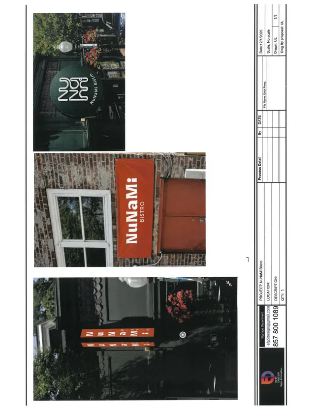 A document sheet showing three exterior photos of the Nunami Bistro storefront and signage on a brick building, including the orange awning sign and the circular wall sign above the entrance. The images appear to document existing conditions from different angles rather than a rendering of the proposed project.