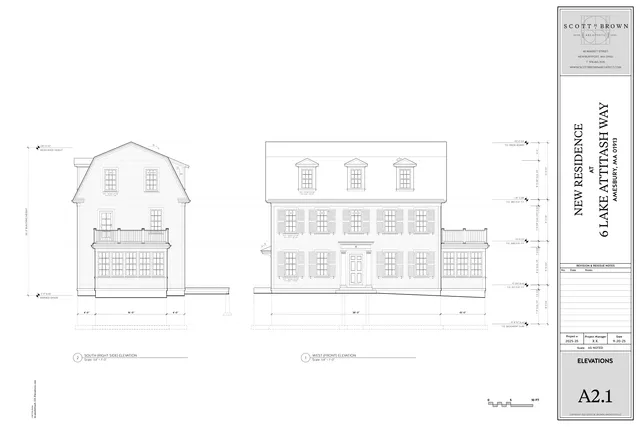 Architectural elevation sheet showing the proposed new residence at 6 Lake Attitash Way, including the west (front) elevation and south (right side) elevation with window, roof, and porch details.