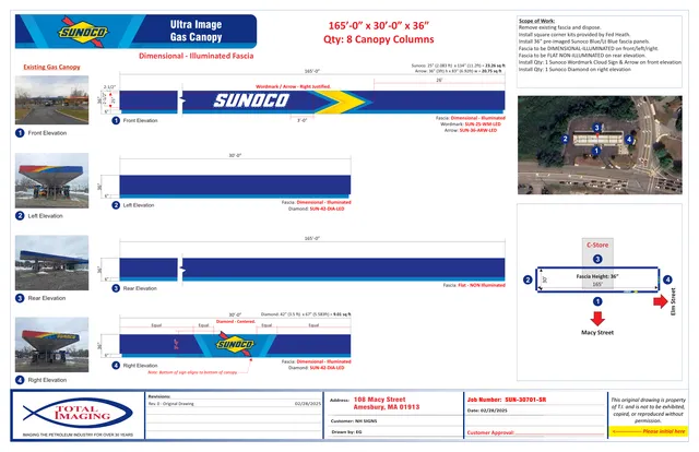 Sign approval sheet showing proposed Sunoco gas canopy fascia graphics and sign placement in front, left, rear, and right elevations, with small reference photos of the existing canopy and an aerial site context inset.