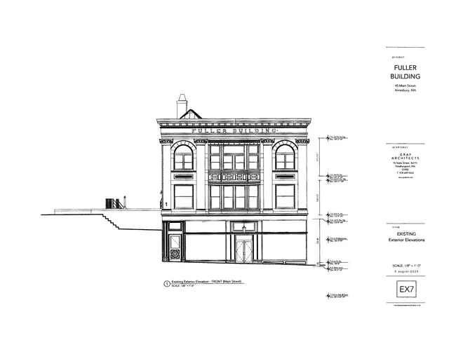Black-and-white front elevation drawing of the existing Fuller Building on Main Street, showing the building façade and adjacent grade/steps. The sheet is labeled "Existing Exterior Elevations" and includes architectural notes and dimensions.