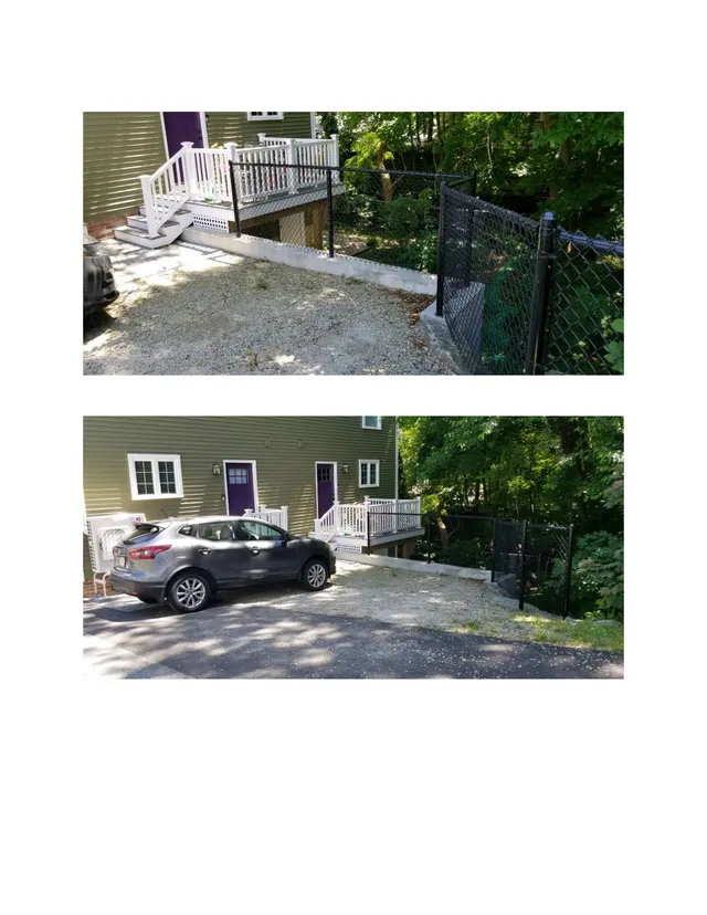 Two existing-condition exterior photos of the rear/side of a house at 20 Pond St, showing the gravel parking area, black chain-link fence, small white-railed rear deck, and wooded slope beyond. One view is a closer look toward the deck and fence; the other is a wider view showing a parked SUV in front of the building.