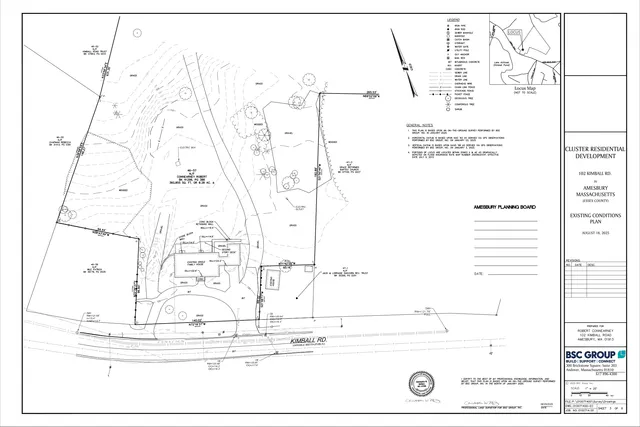 Existing conditions plan for 102 Kimball Road in Amesbury, Massachusetts, showing the surveyed parcel boundaries, topography, existing house, driveway, utilities, trees, and surrounding lot lines. A small locus map and title block appear on the right side.