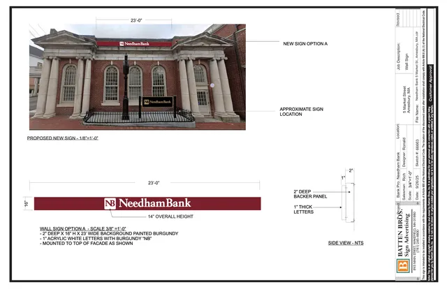 Photomontage of the proposed Needham Bank wall sign on the facade of 5 Market Street, shown in a street-level front view labeled "New Sign Option A." The sheet also includes a dimensioned elevation and side-view detail of the sign assembly.