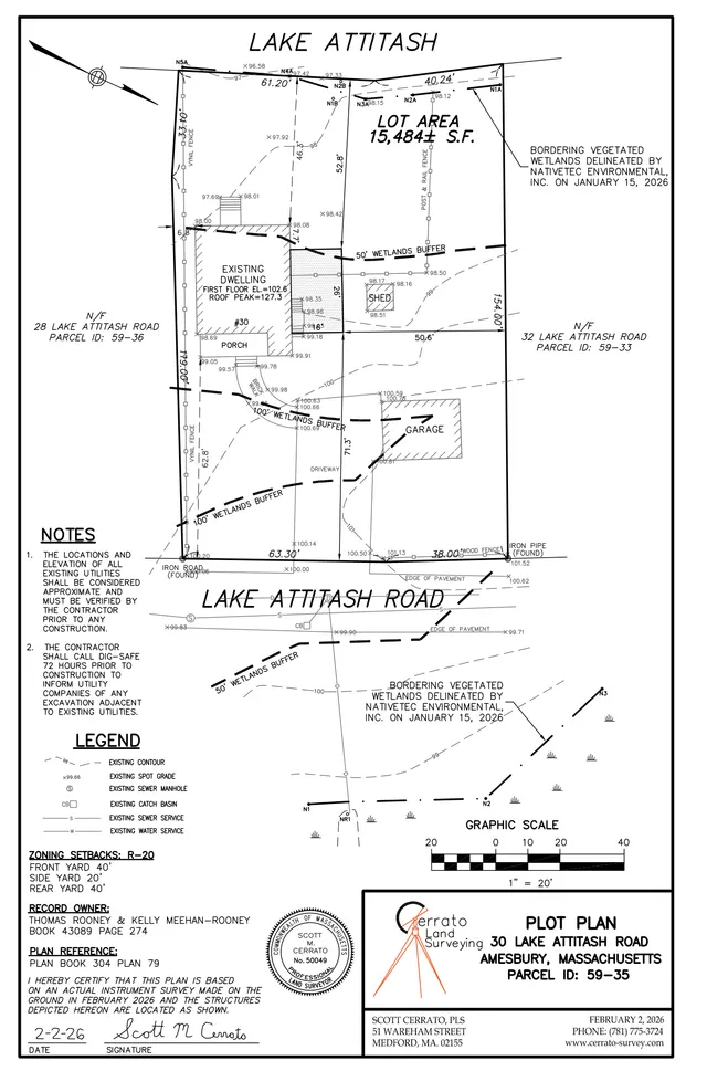 Survey-style plot plan showing the existing dwelling, porch, shed, garage, driveway, lot boundaries, wetlands buffers, setbacks, contours, and adjacent Lake Attitash Road properties at 30 Lake Attitash Road in Amesbury, Massachusetts.