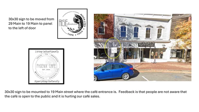 A sign permit presentation page showing proposed 30x30 signs for Rise Wellness / Phoenix Cafe and a photo of the 19 Main Street storefront with the sign location circled. Text notes the sign will be moved from 29 Main to 19 Main and mounted near the café entrance.