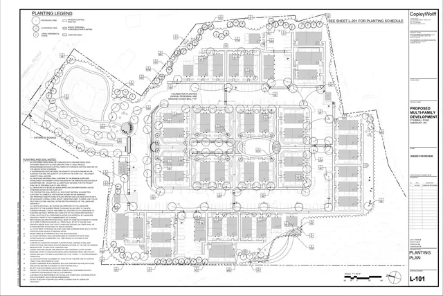 Landscape planting plan for the proposed multi-family development at 27 Kimball Road, showing building footprints, parking and circulation, tree and shrub planting locations, and planting notes/legend. The sheet is a top-down site layout with extensive landscape annotations.