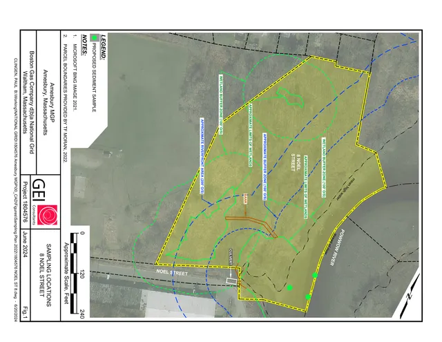 A site plan overlaid on aerial imagery showing the 8 Noel Street parcel, property boundaries, wetlands buffer zones, approximate riverfront area, and proposed sediment sampling locations near Noel Street and the Powwow River.