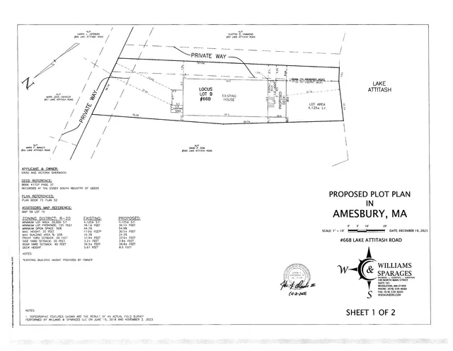 Proposed plot plan for #66B Lake Attitash Road in Amesbury, Massachusetts, showing the lot boundary, existing house and shed, proposed deck, setbacks, and adjacent private way and Lake Attitash.