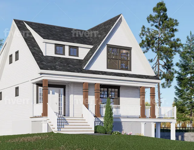 Full-color exterior rendering of a new house seen from the front-right, showing a steep gabled roof, white siding with dark trim, a covered front porch, and landscaped yard under a clear sky.