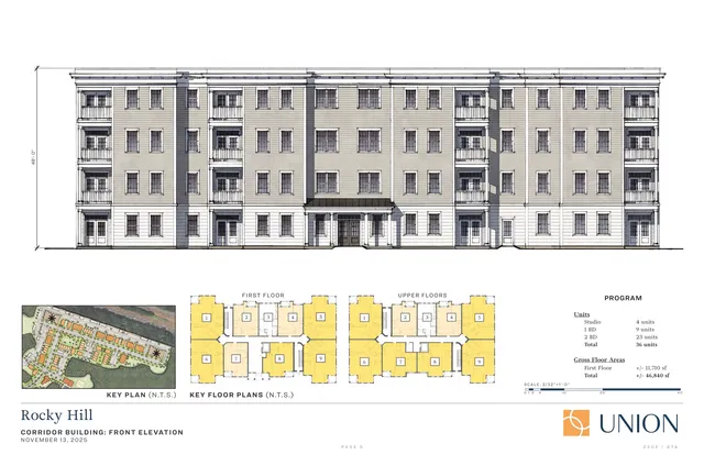 Front elevation of the proposed Rocky Hill corridor building, showing a multi-story residential facade with balconies, windows, and a central entrance canopy. The lower portion of the sheet includes a key plan, key floor plans, and program information.