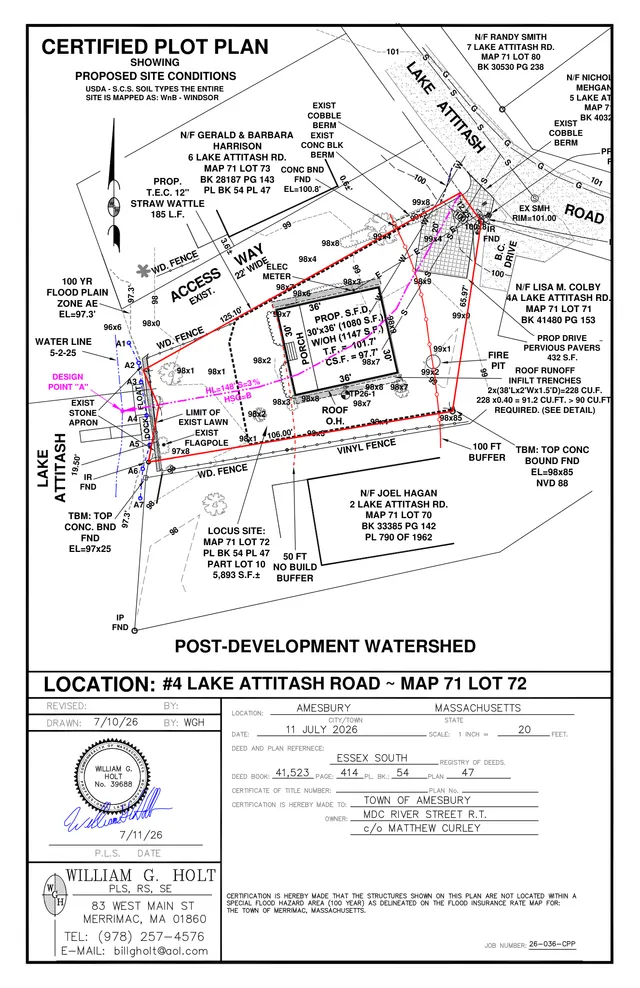 Certified plot plan showing proposed site conditions and post-development watershed for 4 Lake Attitash Road in Amesbury. The sheet depicts the lot layout, proposed house footprint, setbacks, buffer areas, drainage/runoff notes, and surrounding property lines and street frontage.