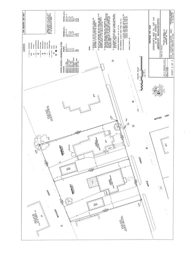 Rotated black-and-white proposed site plan for 14 Maple Street in Amesbury, showing the lot layout, building footprints, driveway/parking areas, property lines, and adjacent street frontage on Maple Street and Whittier Avenue. The sheet also includes zoning notes, legend, and title block information.
