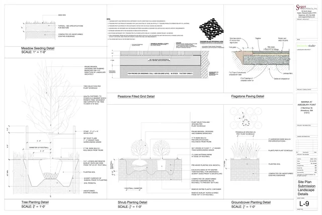 Landscape details sheet showing construction sections for meadow seeding, peastone filled grid, flagstone paving, tree planting, shrub planting, and groundcover planting for the proposed project.