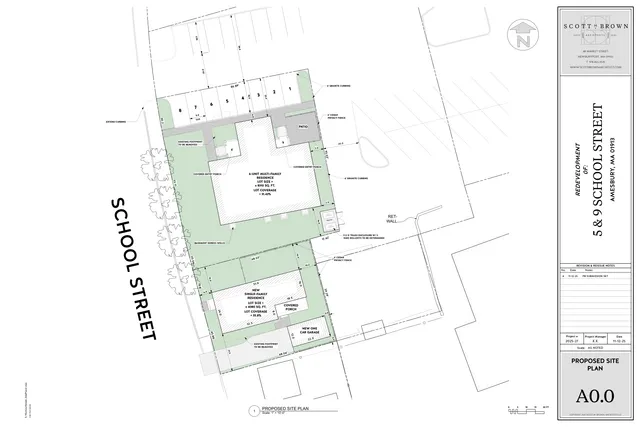 Proposed site plan for a 6-unit multi-family residence and a single-family residence at 5 & 9 School Street in Amesbury, showing the building footprints, parking spaces, driveways, patios, privacy fencing, curbing, and landscaping within the lot. The sheet also labels existing footprints to be removed and includes the title block and scale bar.