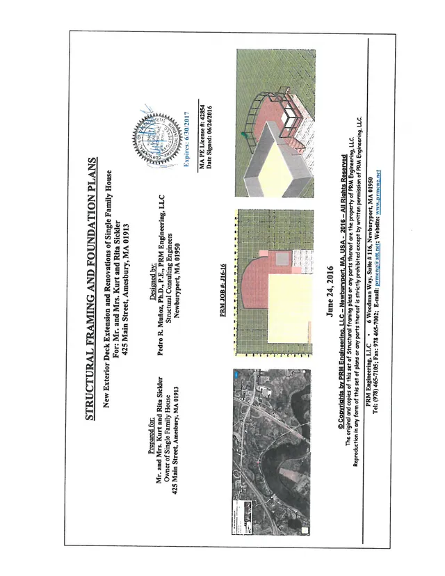 Cover sheet for structural framing and foundation plans for a new exterior deck extension at 425 Main Street. It includes a small aerial context image, a colored plan view, and a perspective sketch of the proposed deck addition.