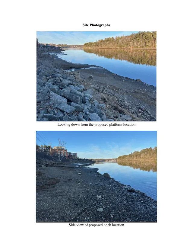 A page titled "Site Photographs" showing two existing-condition views of a riverbank and proposed waterfront dock area. The top photo looks down from the proposed platform location toward the shoreline and calm water; the bottom photo shows a side view of the proposed dock location along the rocky shoreline.