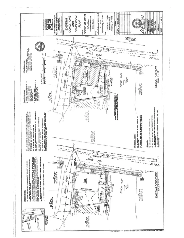 Scanned plan sheet showing the existing conditions and demolition plan for the 20 Pond Street site, with two side-by-side site diagrams and a small locus map. The drawings show the building footprint, pond frontage, Dennis Street, and the adjacent Powow River.