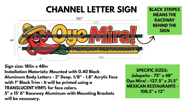 Color sign mockup for a proposed channel-letter sign reading "Oye Mira!" with a jalapeño mascot and "Mexican Restaurant" tagline, shown with dimensions and raceway notes.