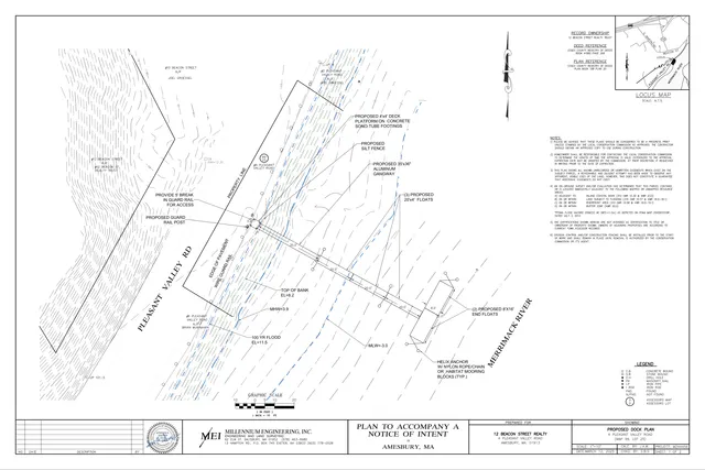 Plan view of the proposed dock project at 4 Pleasant Valley Road along the Merrimack River, showing the existing shoreline, property lines, flood/wetland references, and the proposed deck platform, aluminum gangway, floats, and mooring blocks.
