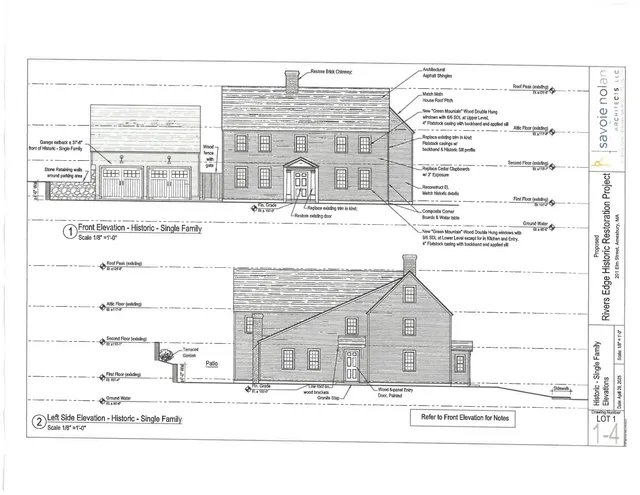 Architectural elevation sheet showing the front elevation and left side elevation of the historic single-family house, with annotated proposed exterior restoration and modifications. The drawings include notes on siding, windows, roof, porch, chimney, and site elements like the garage and patio.