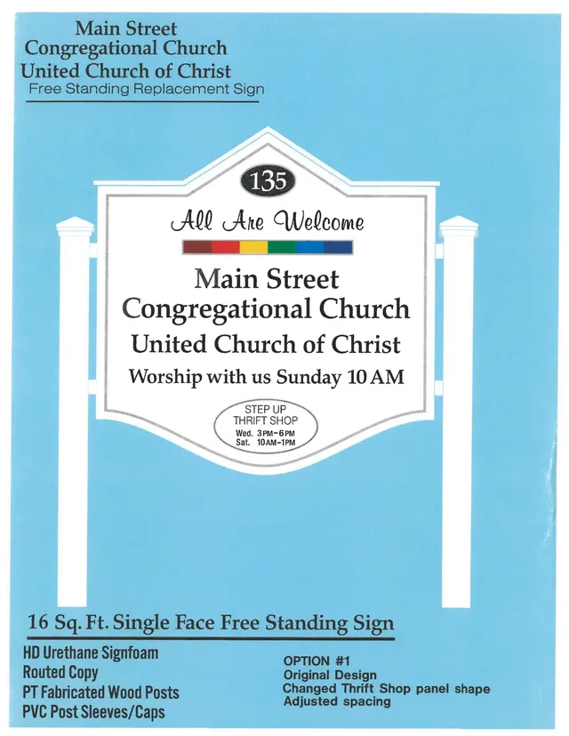 Color concept rendering of the proposed free-standing replacement sign for Main Street Congregational Church, showing the sign face, posts, and text layout on a blue background. The page includes the option label and material notes for the sign design.