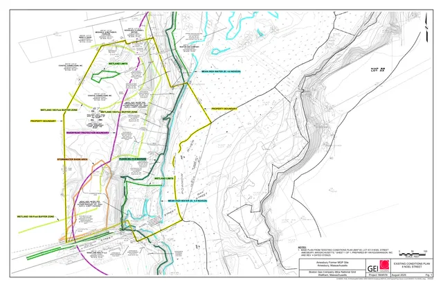Existing conditions site plan for 8 Noel Street showing property boundaries, wetland limits and buffer zones, flood/mean high water lines, contour data, easements, and adjacent parcels around the river corridor.