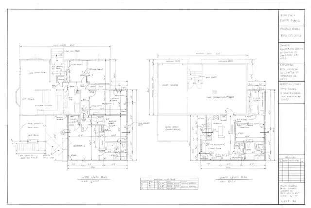 Architectural floor plan sheet showing the upper level plan at left and lower level plan at right for the proposed work at 66 Clinton St. The drawings include room layouts, stair locations, dimensions, and a window schedule in the title block area.