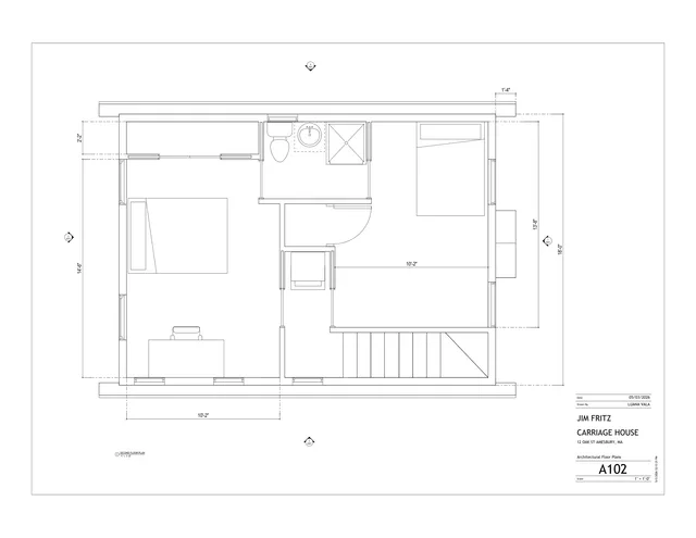 Second floor architectural floor plan for the proposed Jim Fritz Carriage House at 12 Oak St, Amesbury, showing room layout, bathroom fixtures, stair, doors, and dimensions.