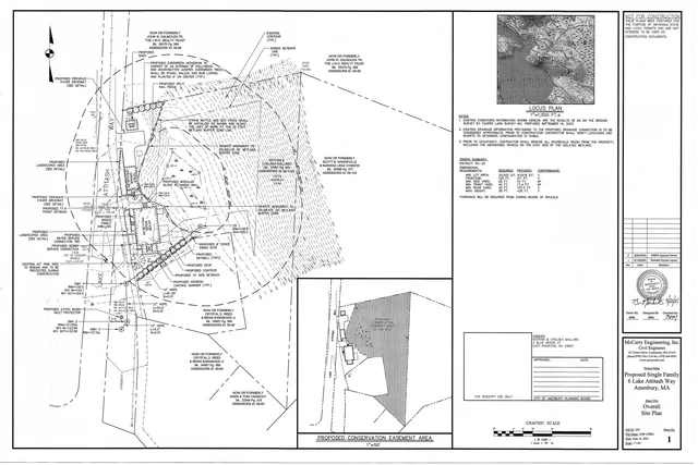 Overall site plan for a proposed single-family dwelling at 6 Lake Attitash Way, showing the building footprint, driveway, grading, setbacks, drainage, retaining wall, landscaping, and conservation easement areas. The sheet also includes a locus plan, zoning summary, and title block.