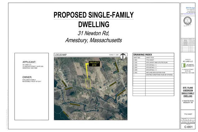 Title sheet for a proposed single-family dwelling at 31 Newton Rd, Amesbury, Massachusetts. It includes a locus map with the project site outlined in yellow over aerial imagery, along with project, applicant, owner, and drawing index information.
