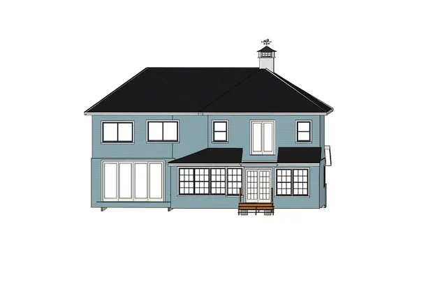 Colored rear elevation of the proposed house, showing a two-story facade with a large hip roof, a cupola, multiple windows, and a rear deck/patio entry at center. The view is straight-on from the back of the building.
