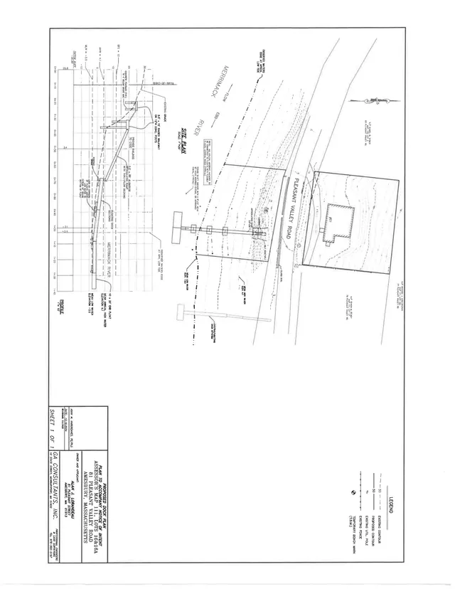 Plan and profile sheet for the proposed dock at 81 Pleasant Valley Road, showing the dock layout in relation to the Merrimack River, Pleasant Valley Road, existing/proposed contours, and a side profile with elevations and dock sections.
