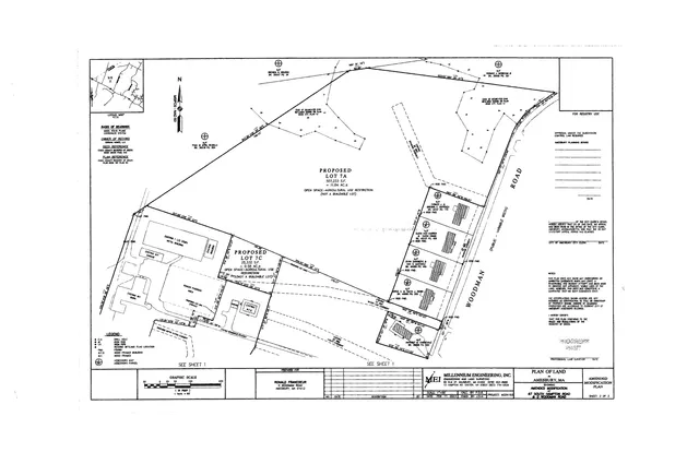 Black-and-white land survey/site plan for the amended modification at 87 South Hampton Road in Amesbury, showing property boundaries, proposed lots, existing buildings, road frontage, and utility/feature annotations.