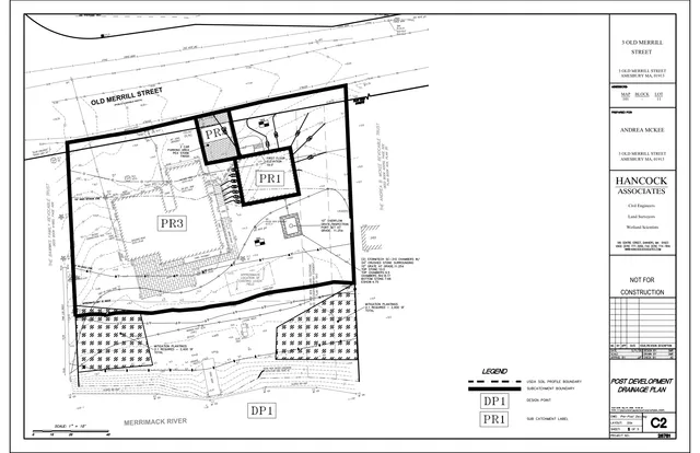 Post-development drainage plan for 3 Old Merrill Street showing the site boundary, subcatchment areas, drainage features, and nearby Old Merrill Street and Merrimack River. The right-hand title block identifies it as a civil engineering sheet by Hancock Associates.