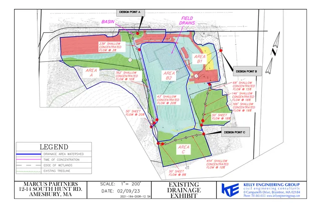 Plan-view drainage exhibit showing existing watershed/drainage areas for 12–14 South Hunt Road in Amesbury, with colored drainage subareas, flow paths, design points, and wetland/tree-line overlays.