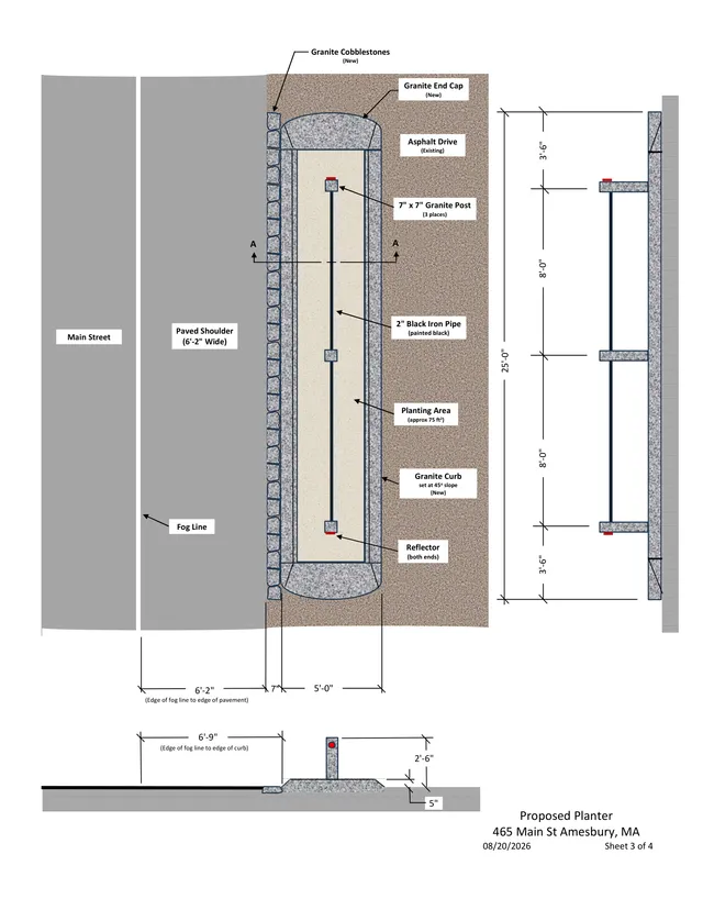 Plan and section detail for a proposed planter at 465 Main St in Amesbury, showing the planter's location adjacent to Main Street, paved shoulder, fog line, and asphalt drive. The sheet labels granite cobblestones, granite curb and end caps, a planting area, granite posts, black iron pipe, and reflectors, with dimensioned plan and profile views.