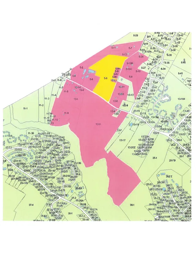 A parcel/zoning context map showing the project area highlighted in yellow and surrounding land parcels shaded in pink and light green, with lot numbers and roads labeled around the site.