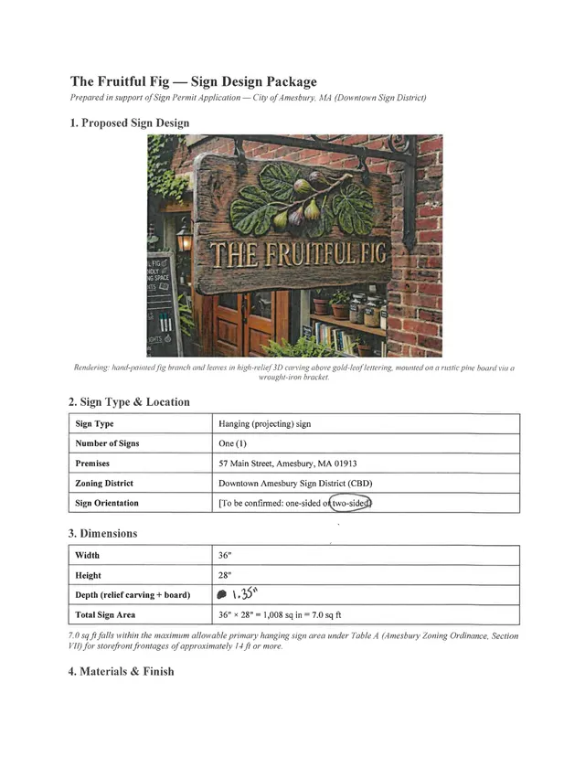 A sign design package page showing a proposed hanging sign for The Fruitful Fig, with a color rendering of the rustic wood sign mounted on a wrought-iron bracket above a storefront. The lower half includes sign type, location, and dimensions in a table.