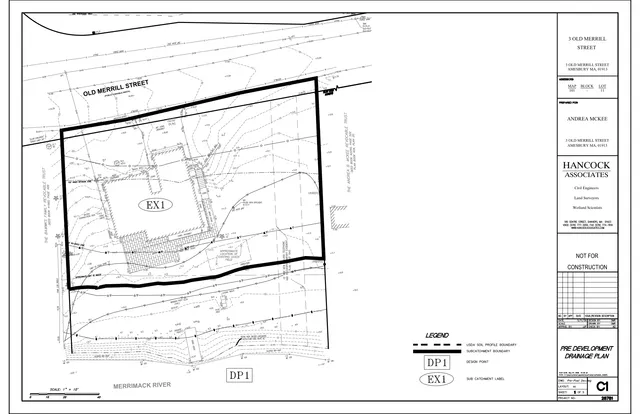 Pre-development drainage plan for 3 Old Merrill Street showing the site boundary, existing grades/contours, drainage features, and labeled subcatchment area EX1 with design point DP1 near the Merrimack River.
