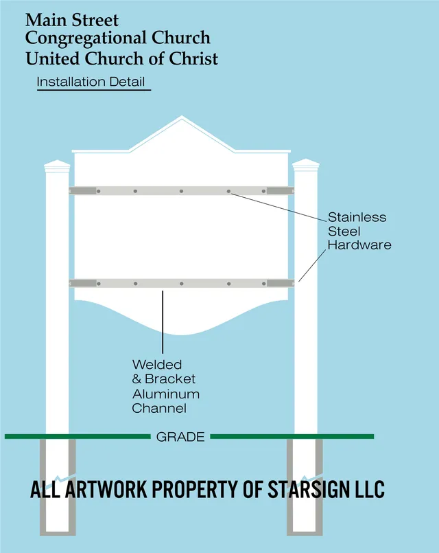 Installation detail for the Main Street Congregational Church / United Church of Christ sign, showing the sign panel mounted between posts with stainless steel hardware and a welded bracket aluminum channel. The drawing includes a grade line and notes, with the artwork credit at the bottom.