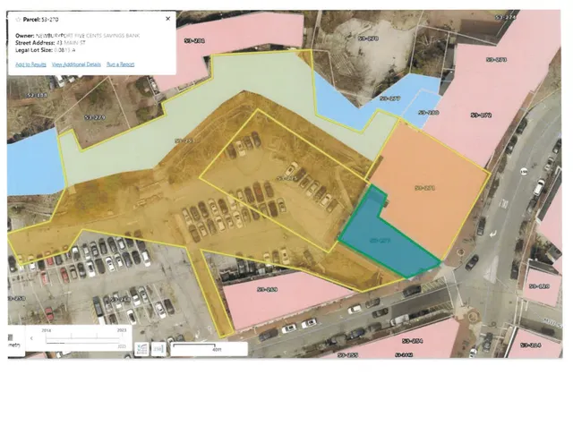 Aerial parcel map showing 43 Main Street and surrounding lots, with tax parcel boundaries outlined in multiple colors over the street grid and parking areas. The map includes parcel IDs, nearby street names, and a scale bar/title block.