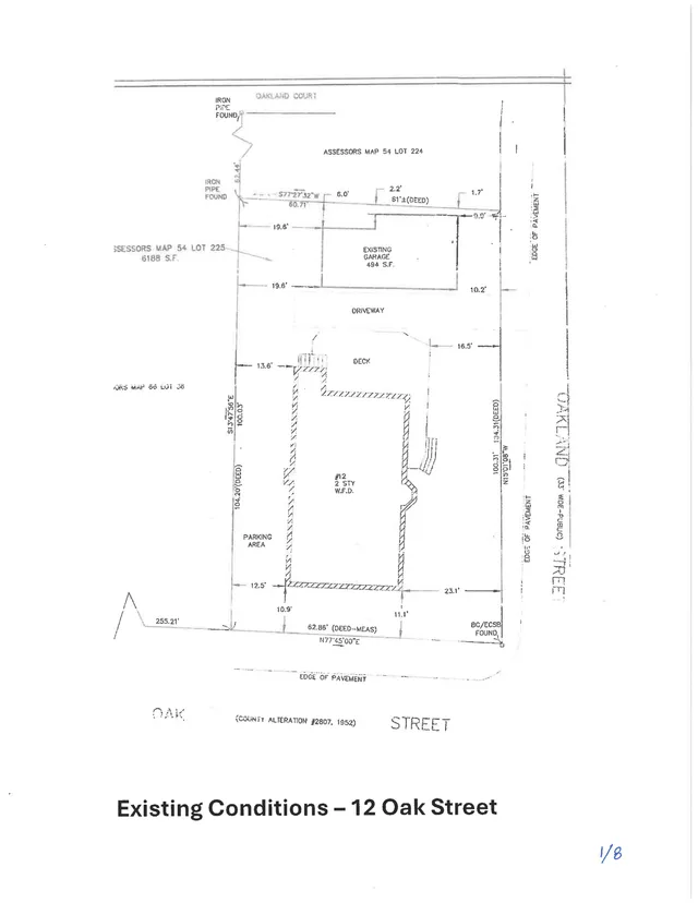 Existing conditions site plan for 12 Oak Street showing the parcel boundaries, Oak Street frontage, driveway, parking area, existing garage, deck, and house footprint with setback and dimension annotations.