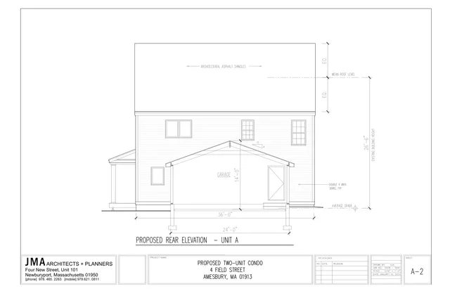 Black-and-white architectural rear elevation drawing for Unit A of a proposed two-unit condo at 4 Field Street. The sheet shows the garage and rear facade with window and roof height dimensions, siding notes, and project title block.