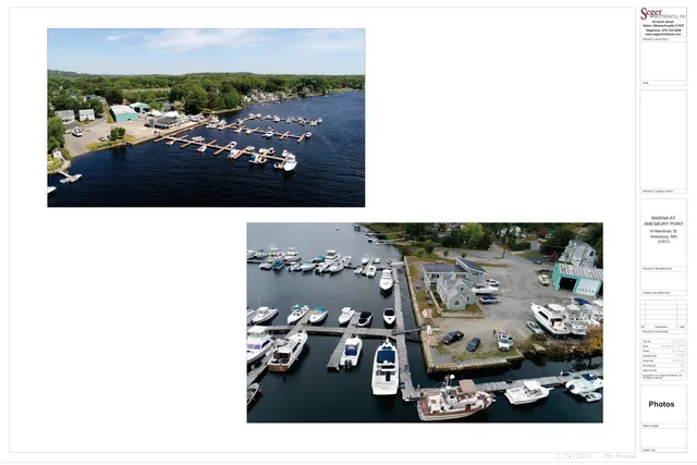 Two aerial photographs of the existing marina at Amesbury Point, showing the waterfront dock layout, boats, nearby buildings, and the surrounding neighborhood and shoreline. One view looks across the marina from farther out over the water, and the other looks down more closely over the dock and yard area.
