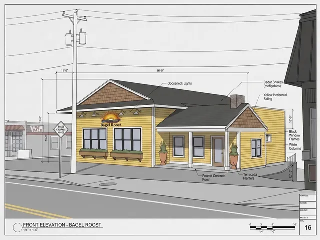 Colored front elevation perspective of the proposed "Bagel Roost" building at 46 Elm Street, showing a yellow-sided storefront with black roof, covered porch, windows, planters, and façade material callouts.