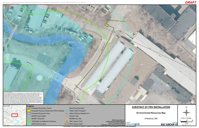 Environmental resources map for Chestnut St PRV Installation in Amesbury, MA, shown over aerial imagery with project area outlines, wetlands/floodplain buffers, riverfront area, and related resource layers. The sheet includes a legend, inset index map, scale bar, and north arrow.