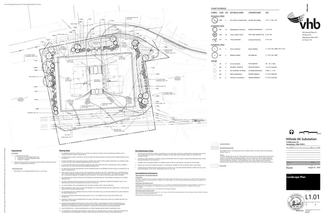 Landscape plan for the Hillside 66 Substation at 9 Alenclair Drive, showing the proposed planting layout, bioretention seed mix areas, gravel access areas, and plant schedule around the site perimeter. The sheet includes the project title block, notes, and legend on the right.