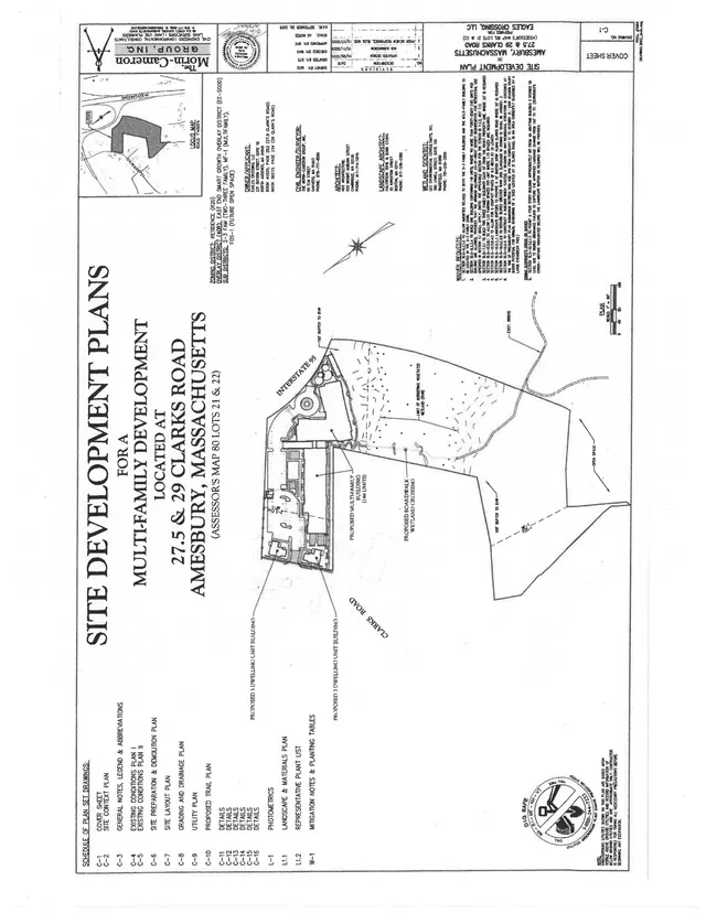 A site plan sheet for the proposed 27.5 & 29 Clarks Road multifamily development in Amesbury, showing the parcel layout, proposed buildings, road access, open space, and related plan notes and map inset.