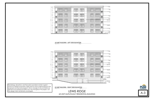 Architectural elevation sheet showing the left side and right side elevations of the proposed 63-unit Lewis Ridge multifamily residential building, with façade materials and window patterns labeled.